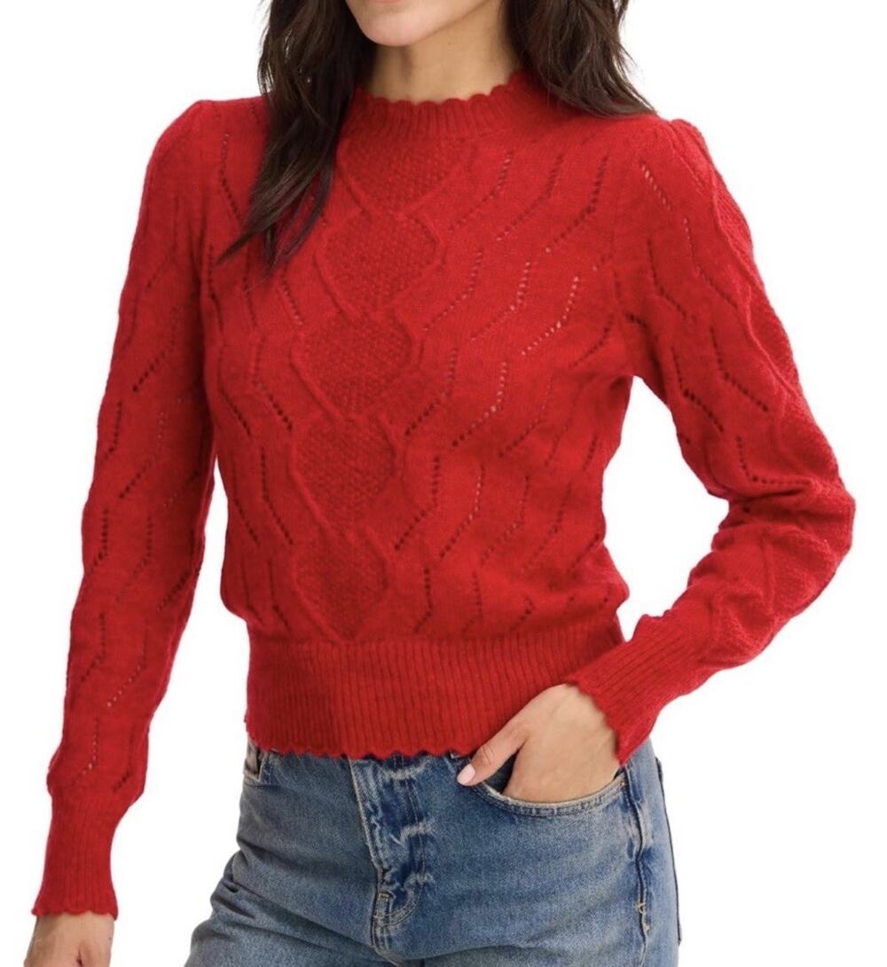 Anthropologie NWT ALLISON New York Cora Knit Puff Sleeve Sweater Red M Scalloped